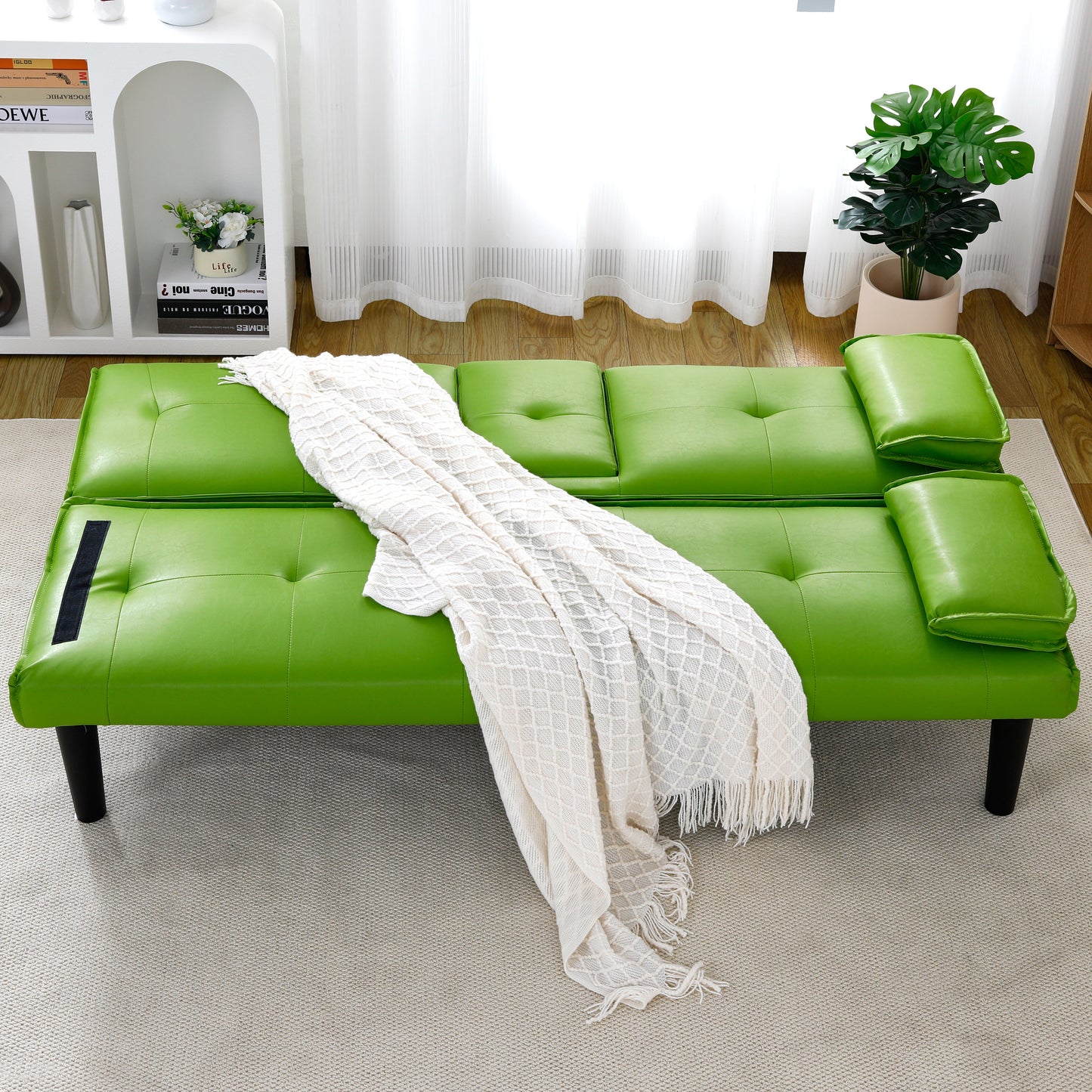 67-Inch Green PVC Multi-Functional Sofa Bed with Cup Holder