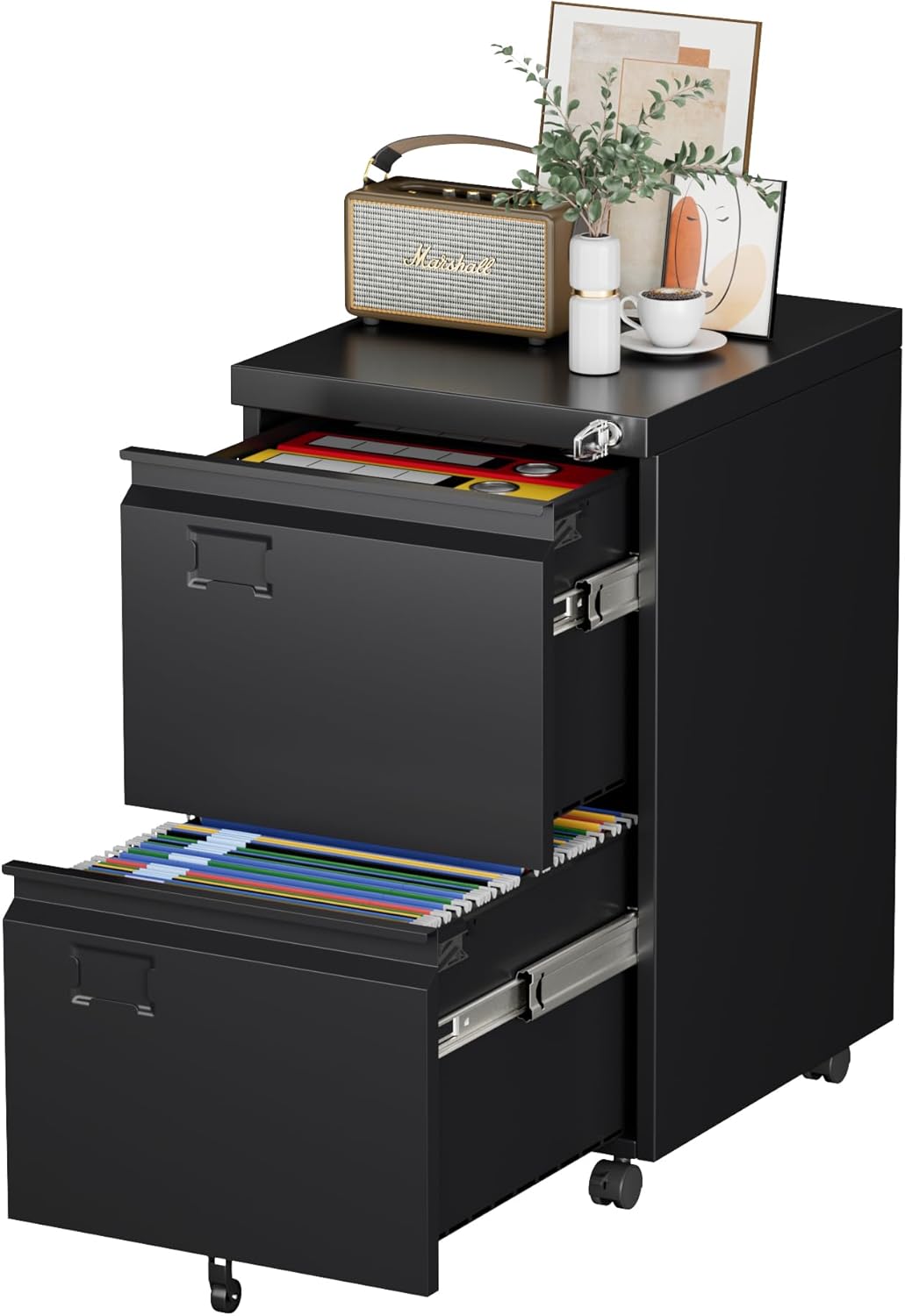 2-Drawer Mobile File Cabinet with Lock - Black Metal Storage
