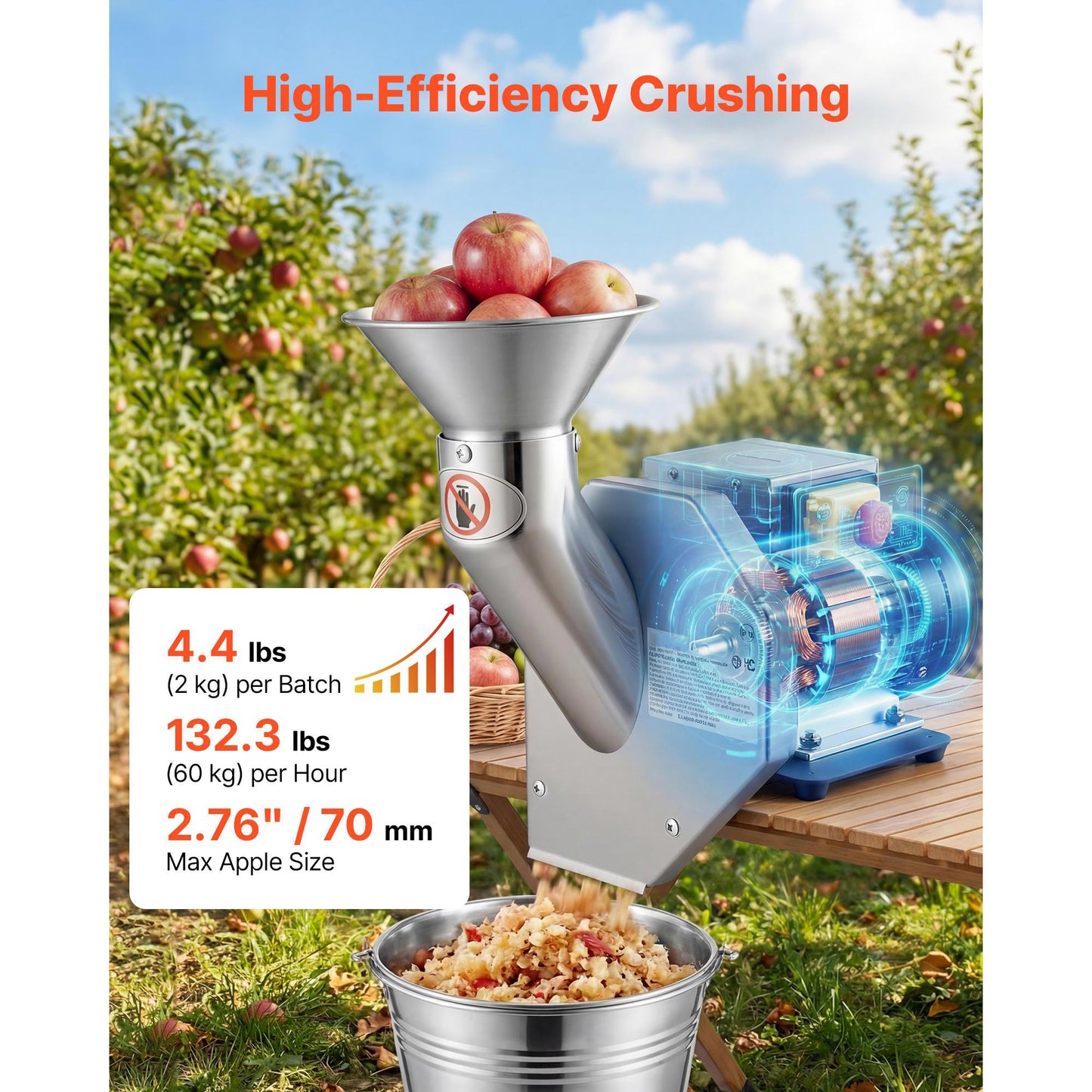Electric Fruit Crusher 550W, SUS304 Desktop Apple & Juice Press, Grinds Whole Fruits & Vegetables