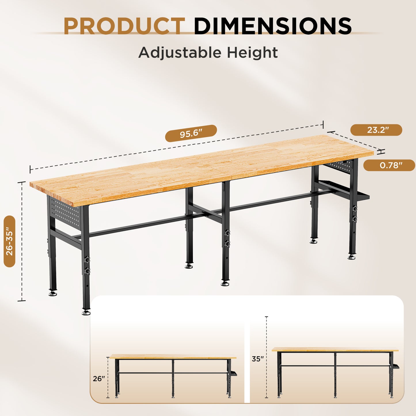 96" Adjustable Workbench with Pegboard & Power Outlet - Black