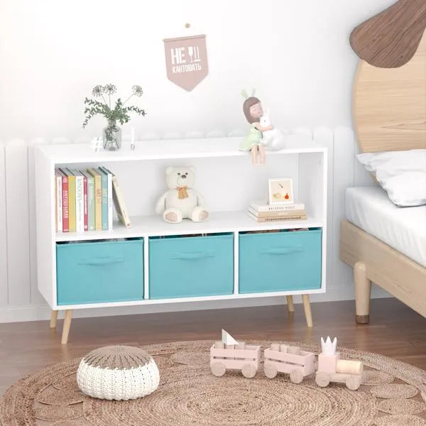 Kids Bookcase with Fabric Drawers - White/Blue Toy Organizer