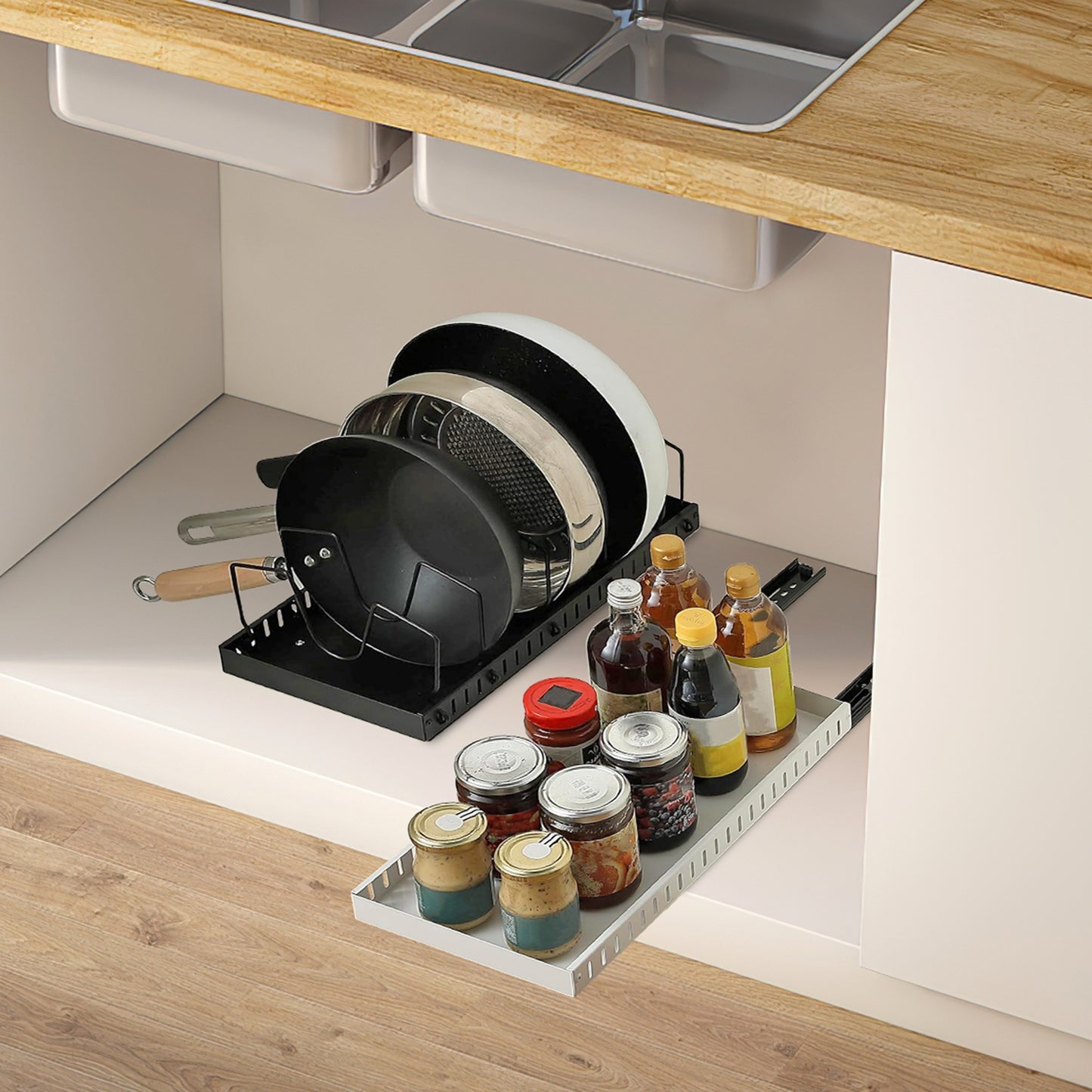 1Pc Pull Out Pots And Pans Organizer Under Cabinet With 8 Adjustable