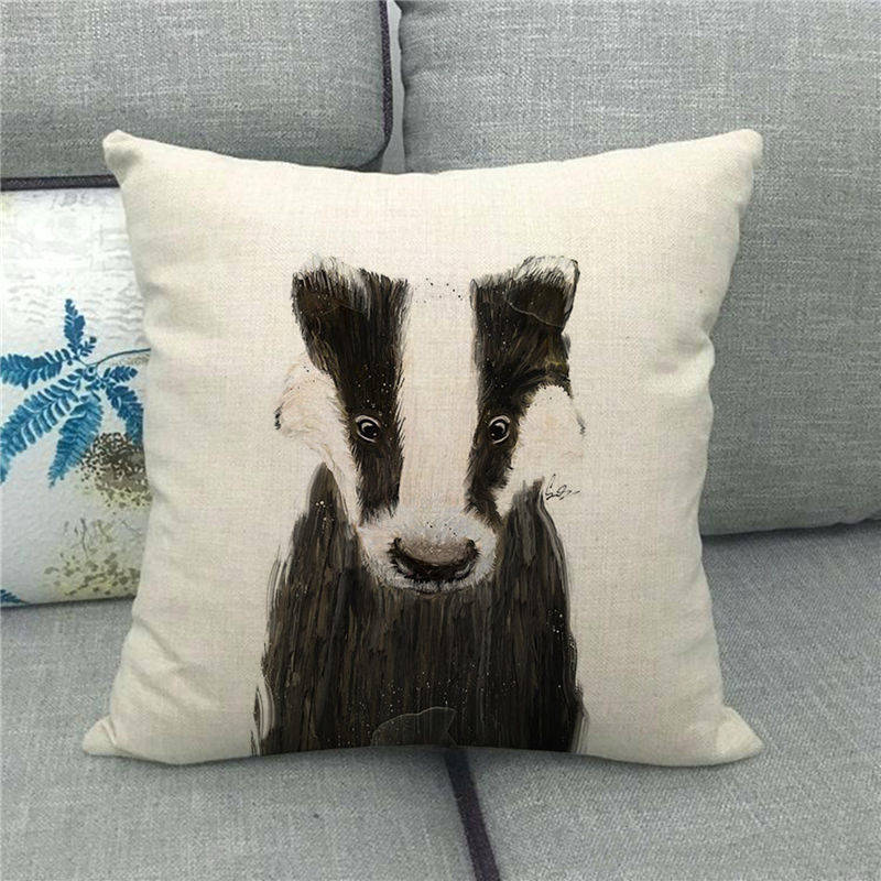 Cute Owl Print Linen Pillowcase - 45x45cm Pastoral Cartoon Decor