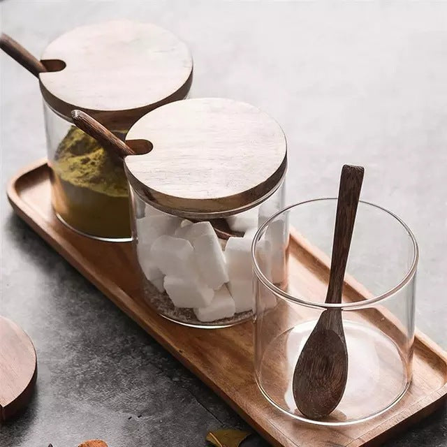 Glass Spice Jar Set with Wooden Lids and Spoon - 3PCS Kitchen Storage Containers