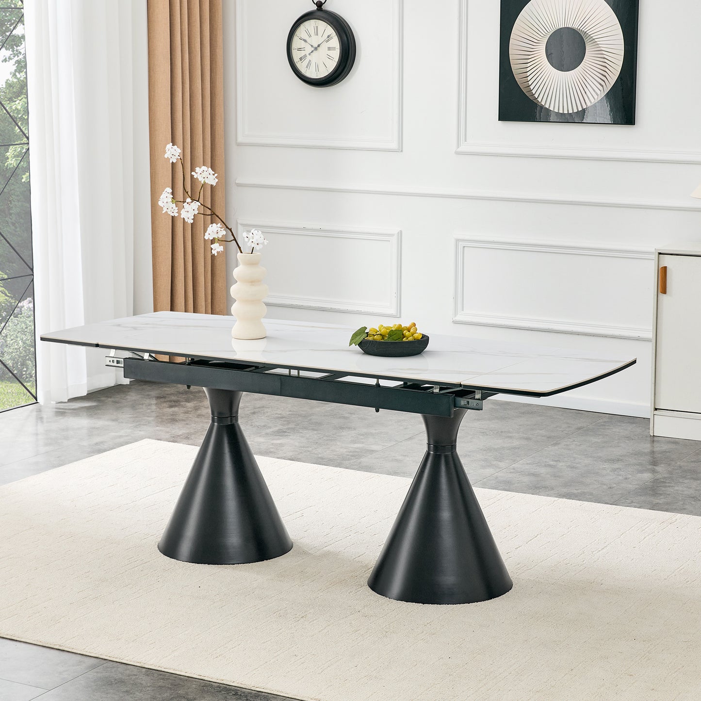 Extendable Stone-Top Dining Table - White Marble with Black Legs