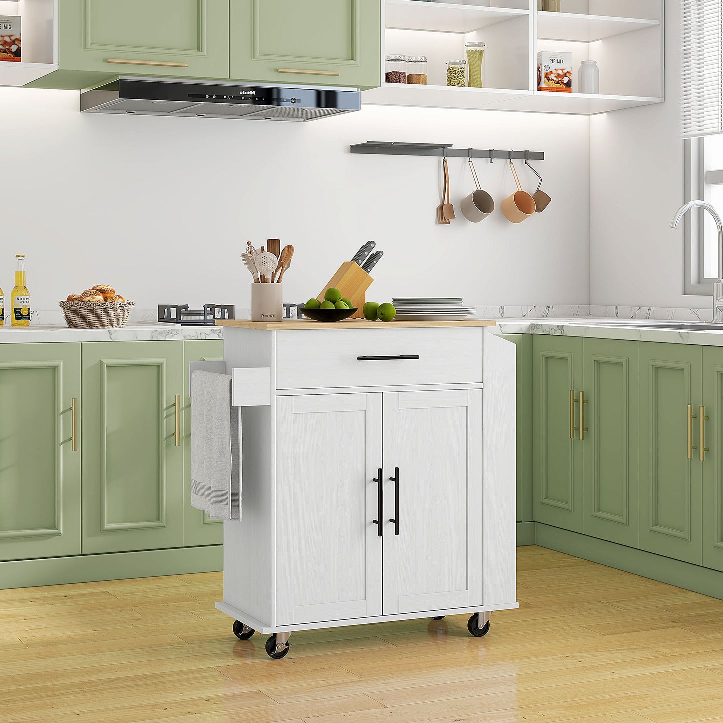 Rolling Kitchen Island with Wheels, Power Outlets & Storage - White