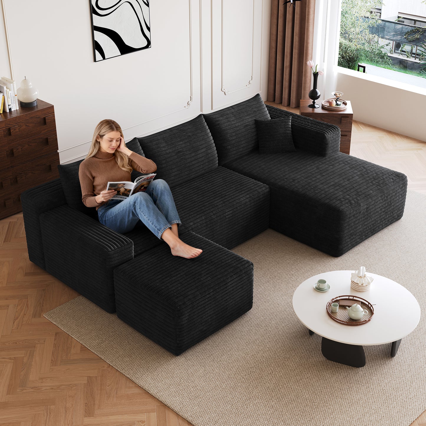 95" Cloud Sectional Sofa with Ottoman - Modern Black Corduroy