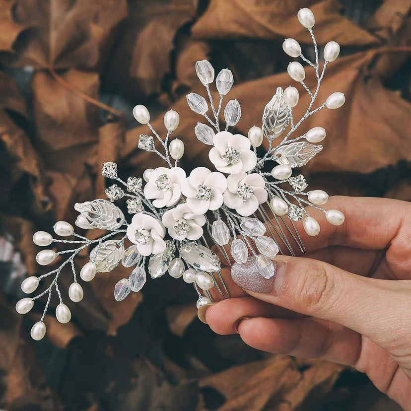 Silver Polymer Clay Flower Hair Comb - Handmade