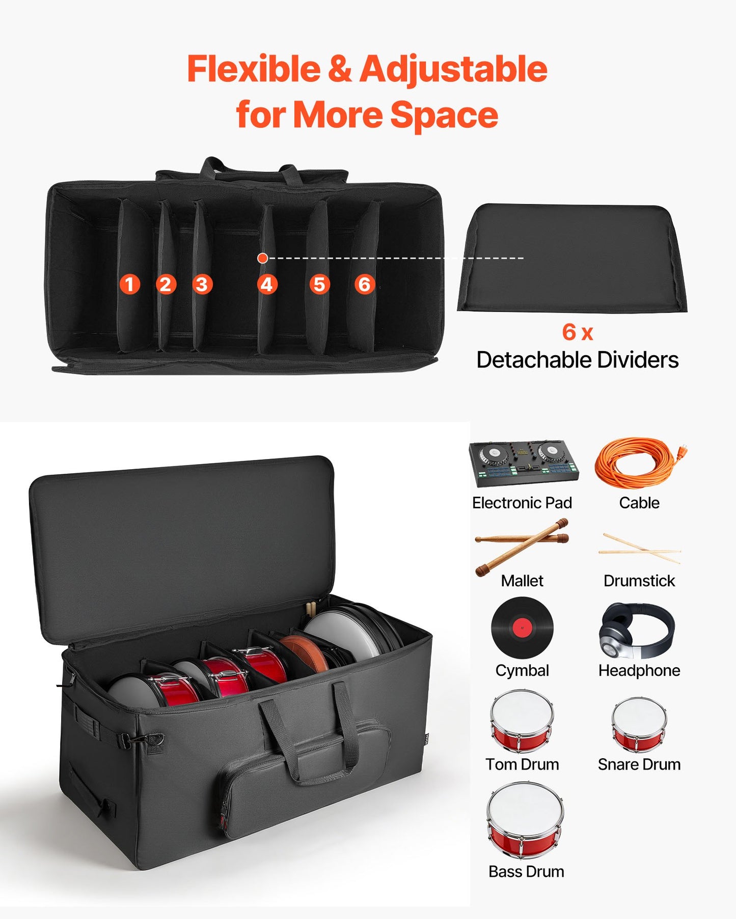 Padded Electronic Drum Kit Bag with Wheels - Large Travel Case, Detachable Dividers, Multiple Pockets, Black