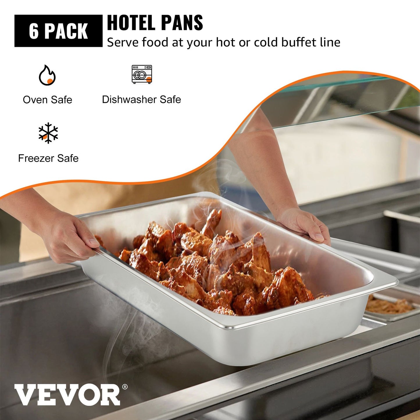 Full Size Stainless Steel Steam Table Pans - 6 Pack