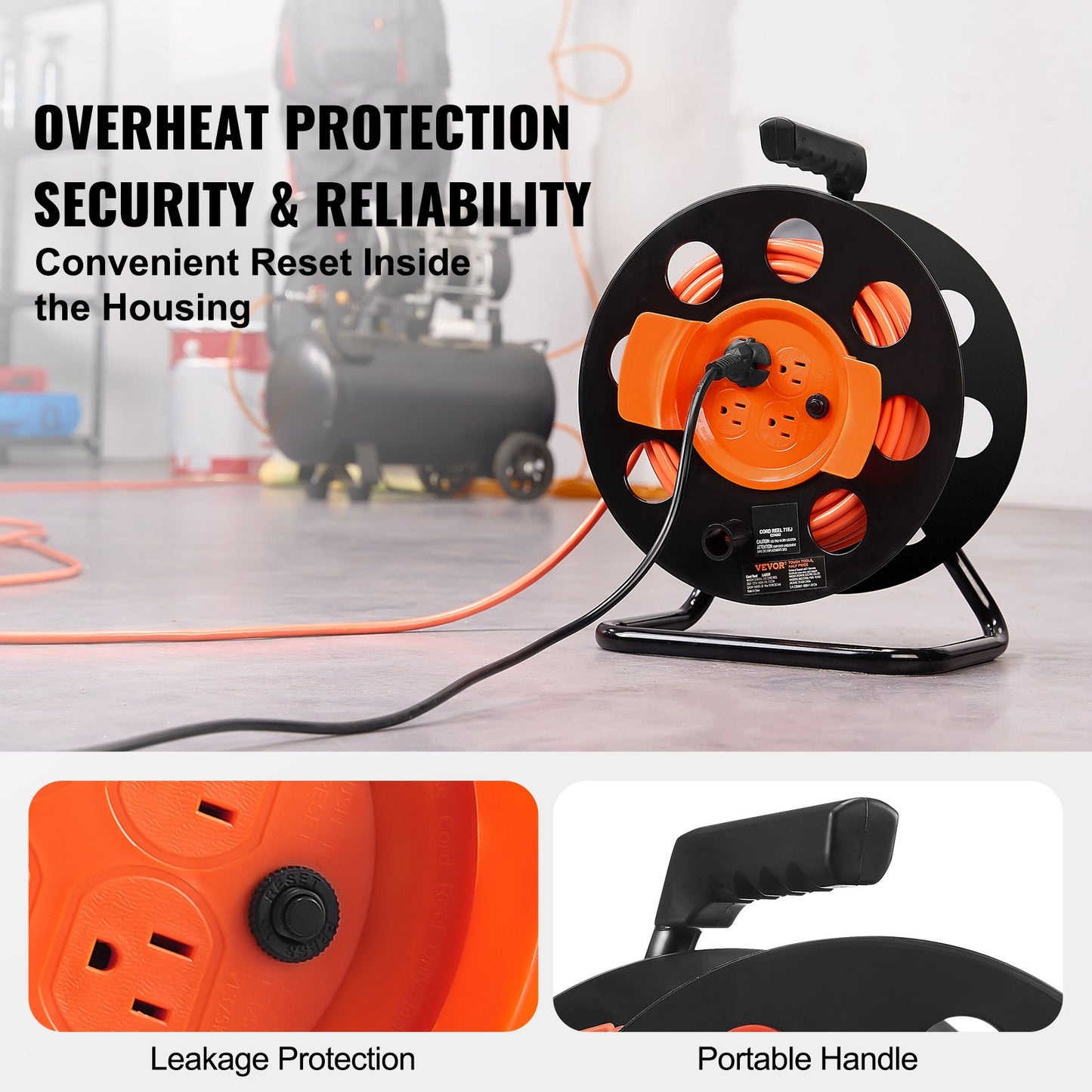 Heavy Duty 100FT Extension Cord Reel with 4 Outlets Dust Cover Circuit Breaker Orange