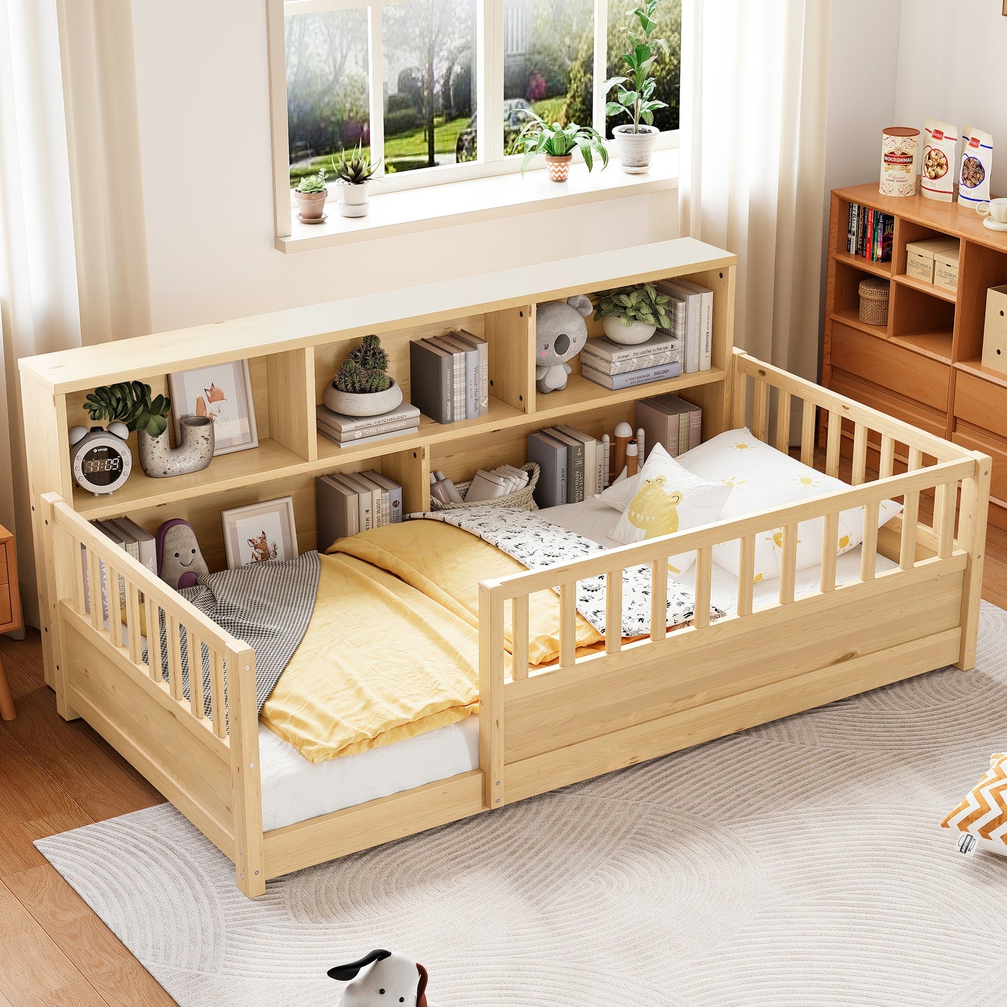 Twin-Sized Wooden Floor Bed with Fence Guardrail & Storage