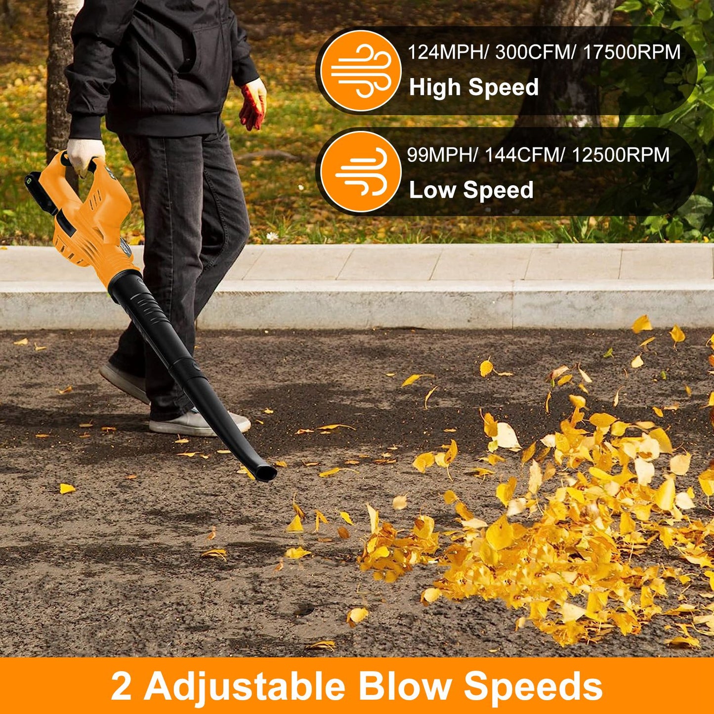 Cordless Handheld Leaf Blower with 124MPH Air Speed and 300CFM, 2-Speed, Orange
