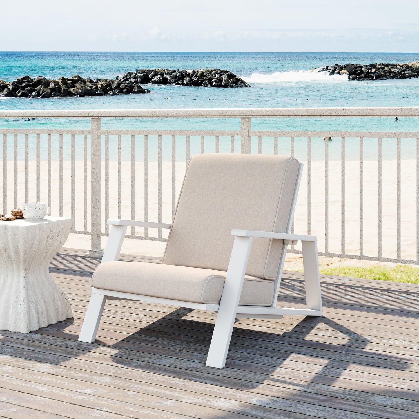 Outdoor Club Chair with Beige Cushion & Acacia Wood Frame