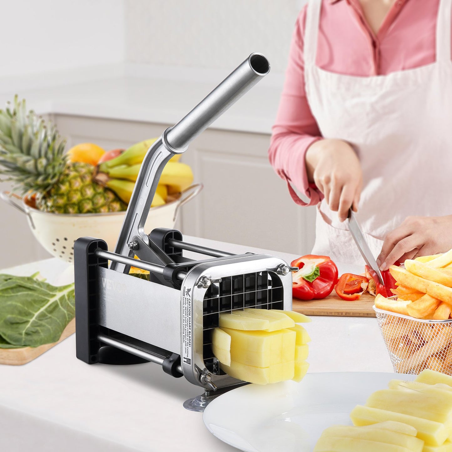 French Fry Cutter Stainless Steel Vegetable Slicer with 2 Blades - Multicolor