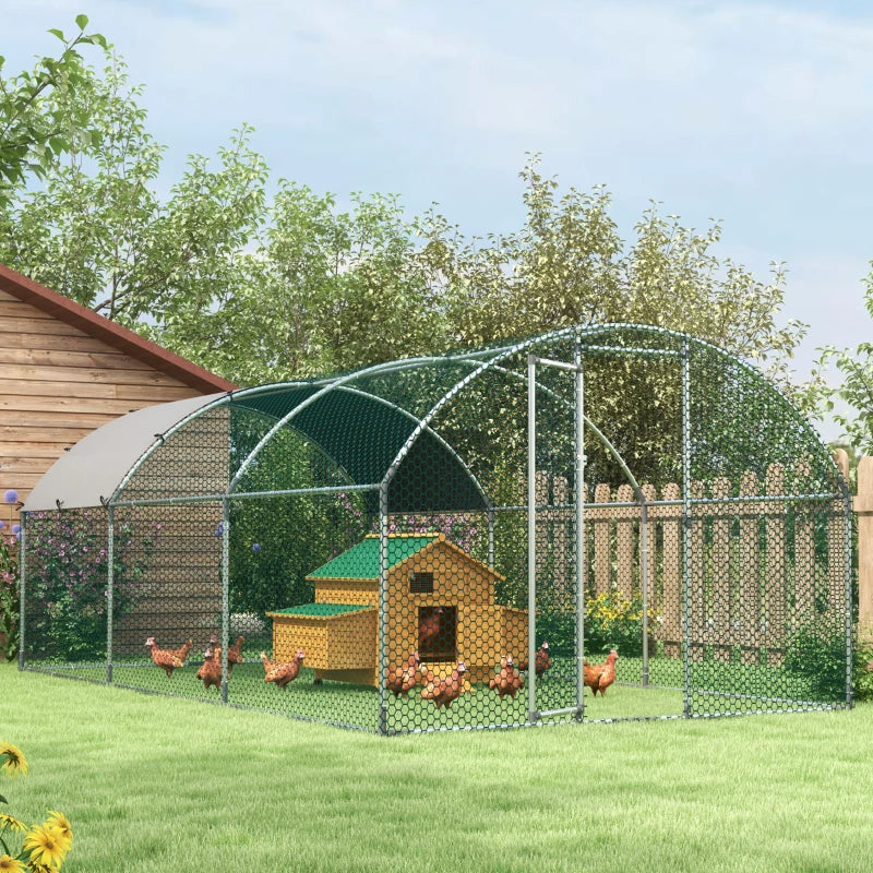 Large Metal Chicken Coop with Waterproof Cover - Walk-In Yard Fence, Silver
