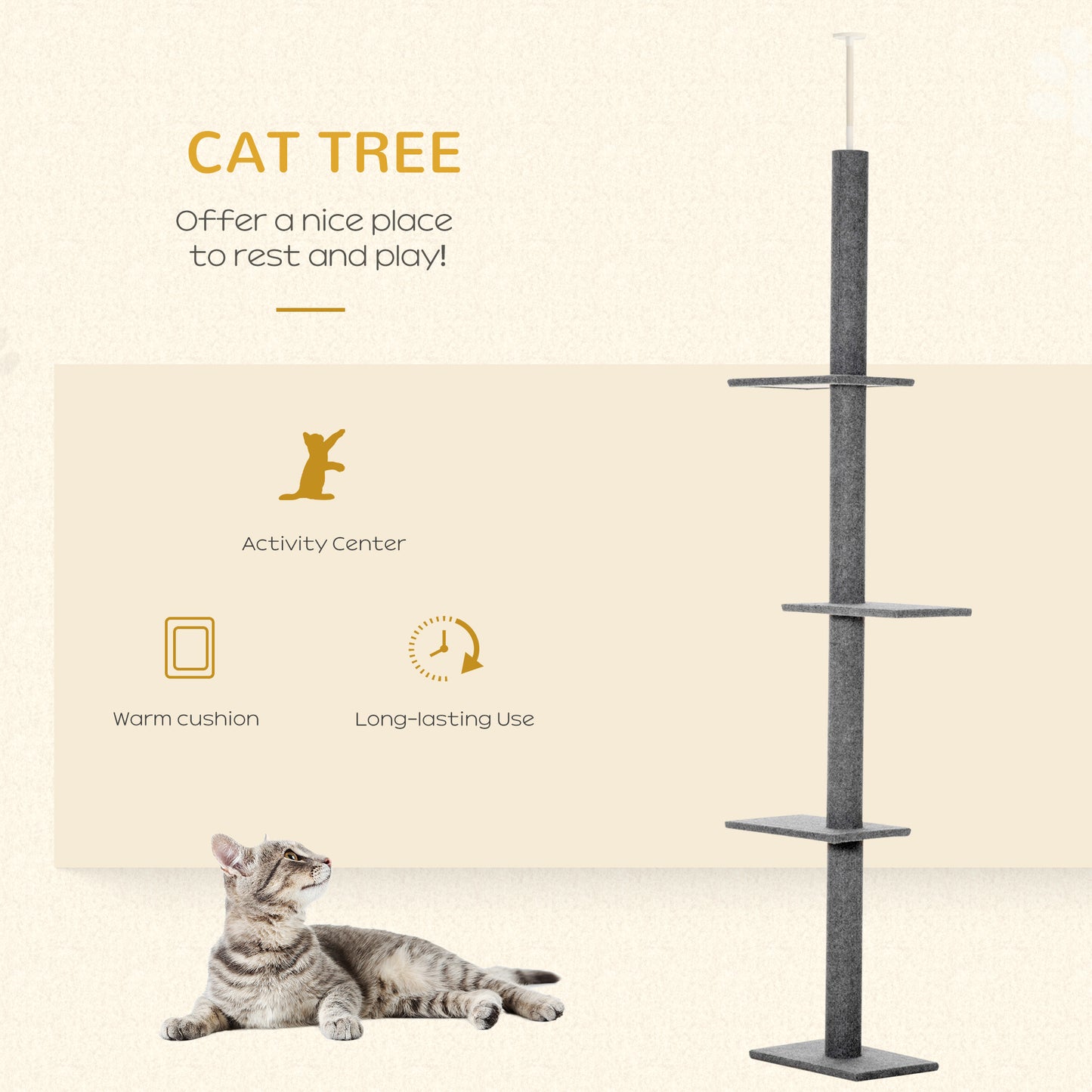 Floor-to-Ceiling Cat Tree Tower with Sisal Scratching Posts - Gray, Adjustable Height, 89.75" Tall