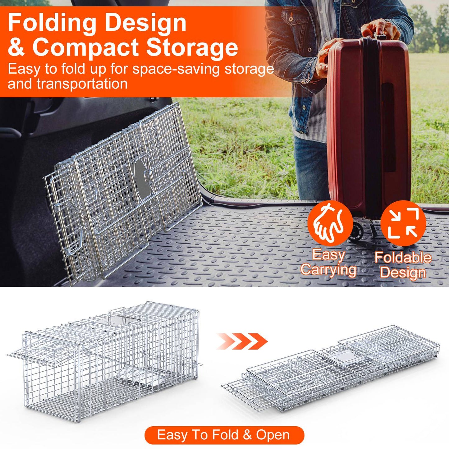 Humane Live Animal Trap - Folding Cat Trap 37x14x15 in