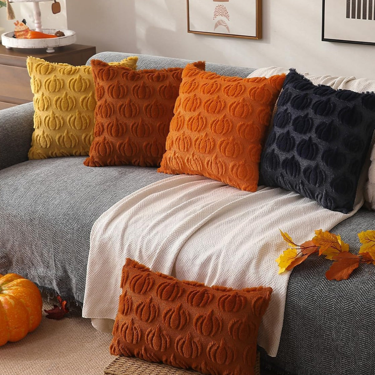 Luxury Pumpkin Embroidered Pillowcase for Home Decor - 45x45cm, Caramel & Orange