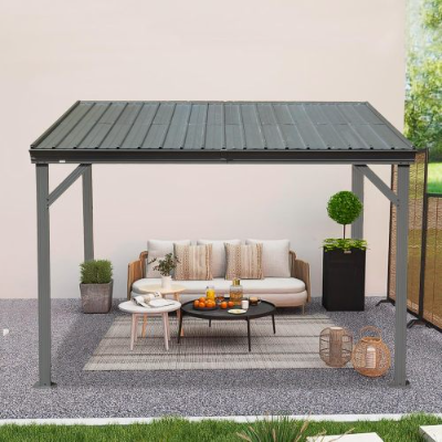 8x10 Lean-To Gazebo with Upgraded Drainage System - Wall-Mounted Steel Hardtop for Patio & Lawn