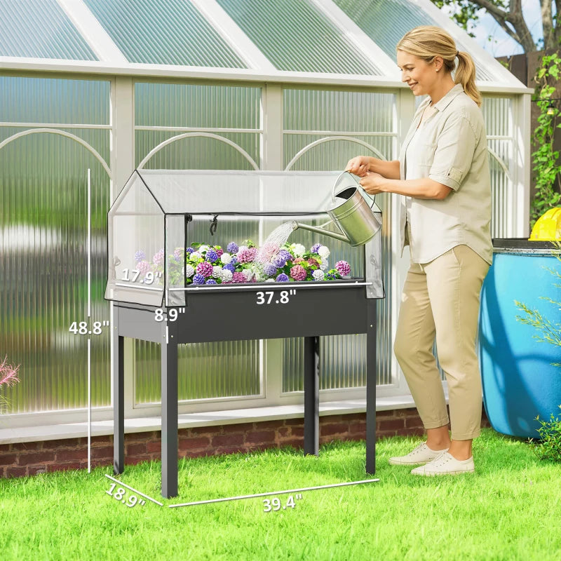 Outdoor Elevated Garden Box with Greenhouse - Dark Gray