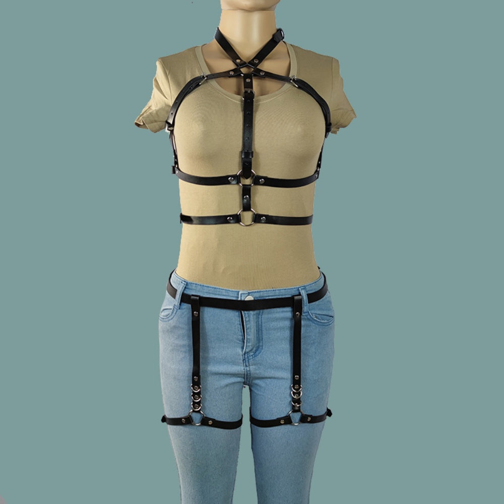 Punk Leather Body Chains - Black Layered Waist Harness Jewelry