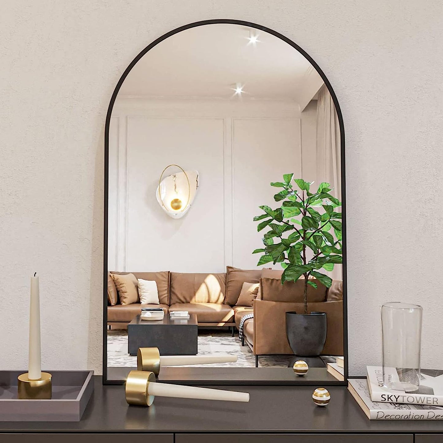 24x36 Inch Arched Black Metal Framed Bathroom Mirror