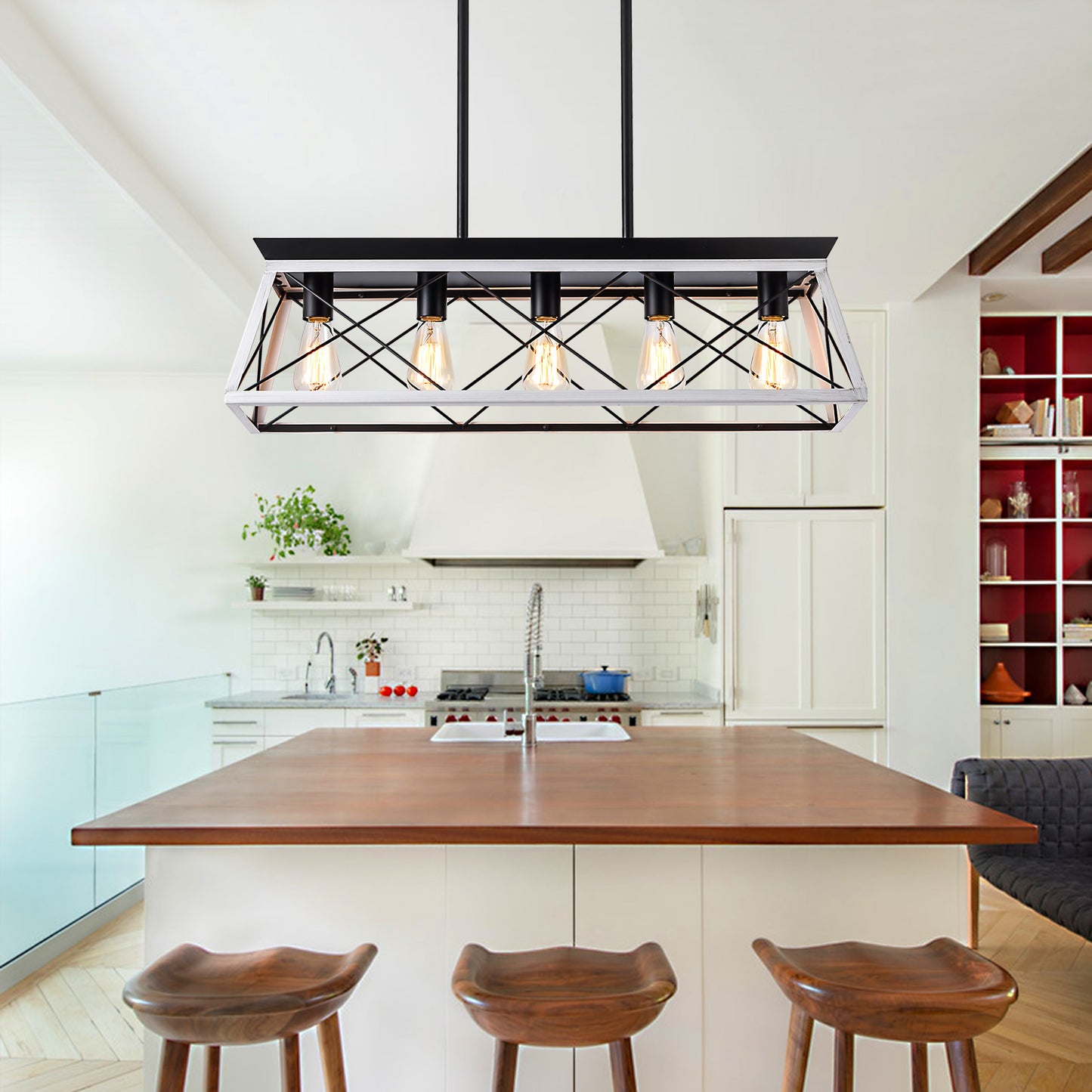 32-Inch Black & White Industrial 5-Light Pendant Chandelier - Adjustable Hanging Light