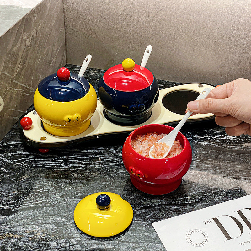 Ceramic Seasoning Jar Set with Lid and Spoon - Kitchen Storage Organizer
