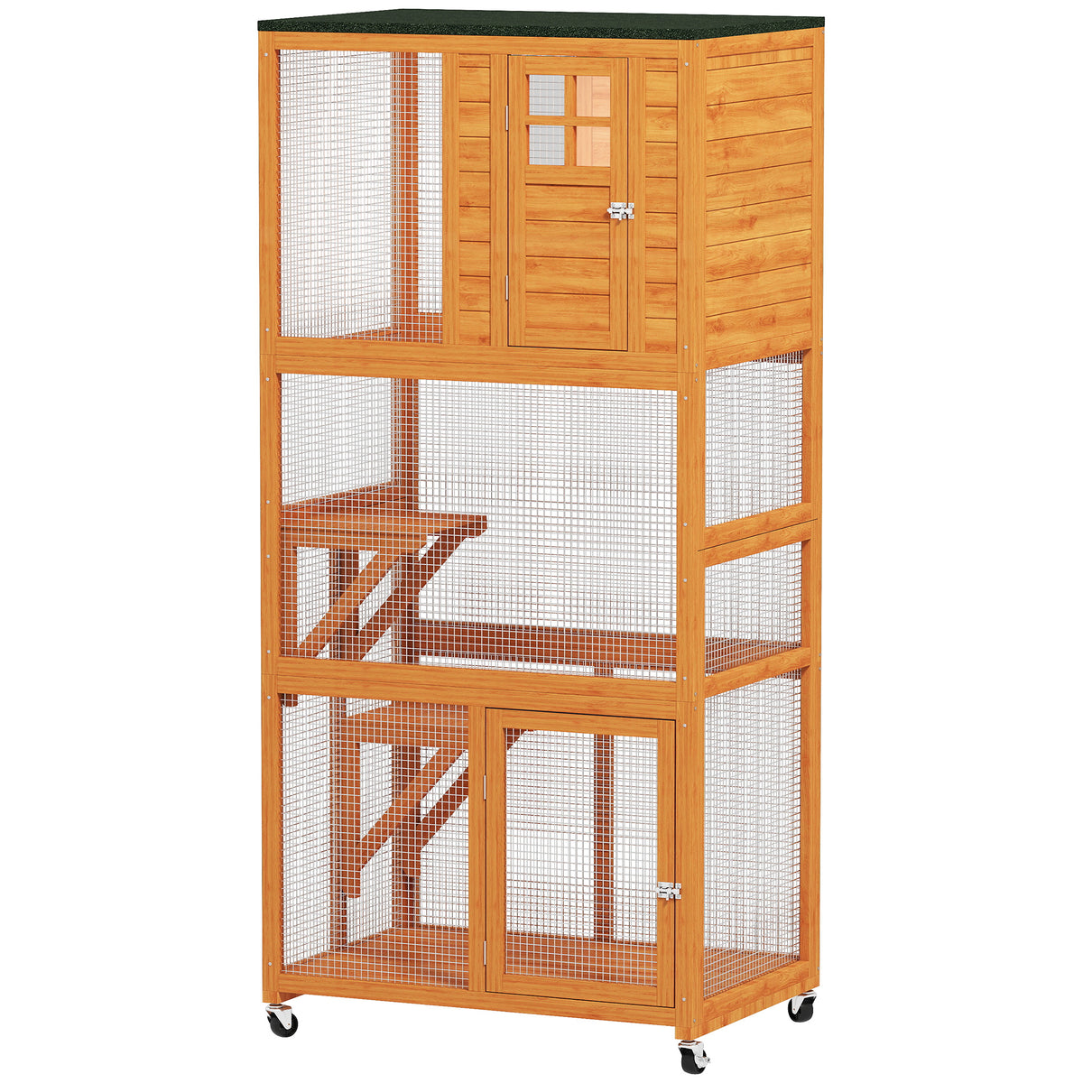 74-Inch Wooden Outdoor Cat House Catio Enclosure with Perches - Orange