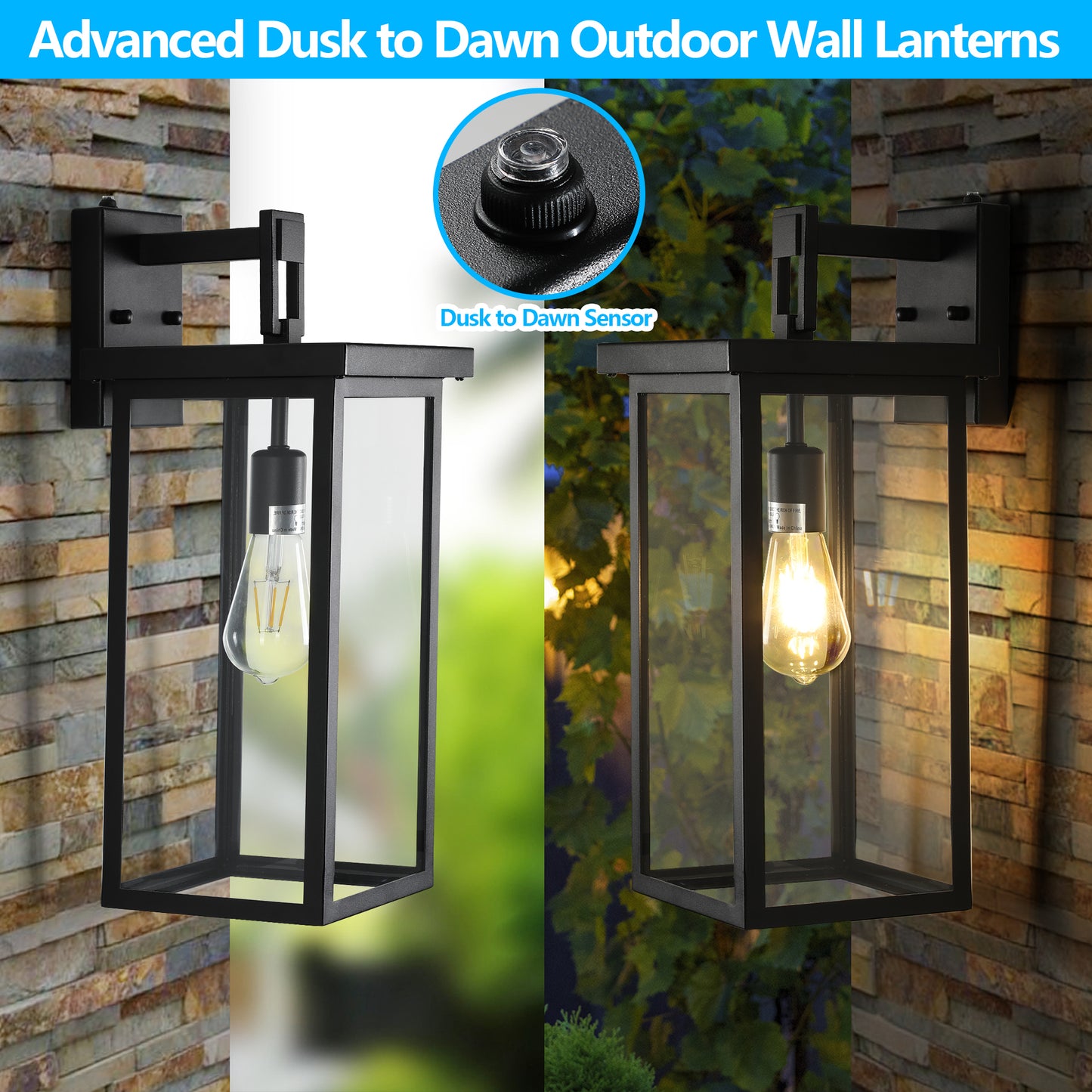 Modern Outdoor Wall Lanterns - Black Metal Frame - Set of 2