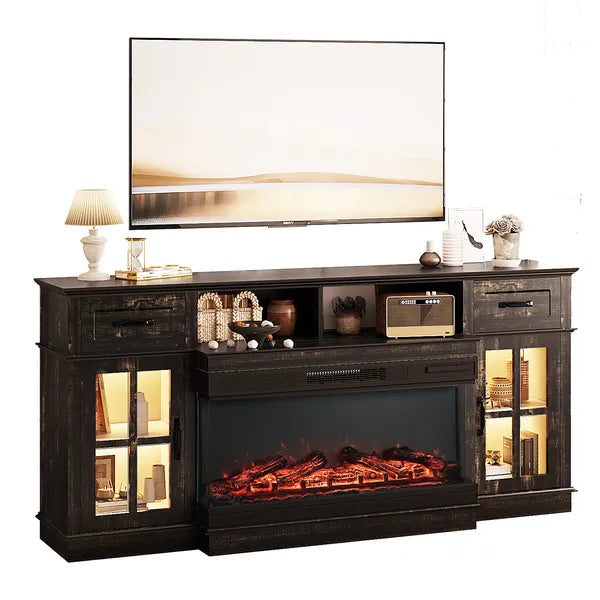 70-Inch Black Gold Oak Electric Fireplace TV Stand with Glass Doors