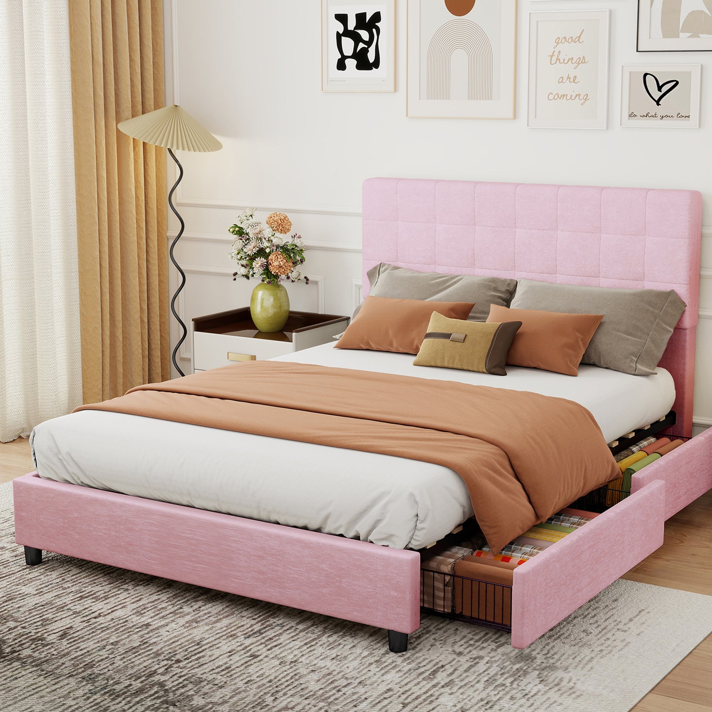 Full Bed Frame Upholstered Vertical Channel Headboard With 4 Storage