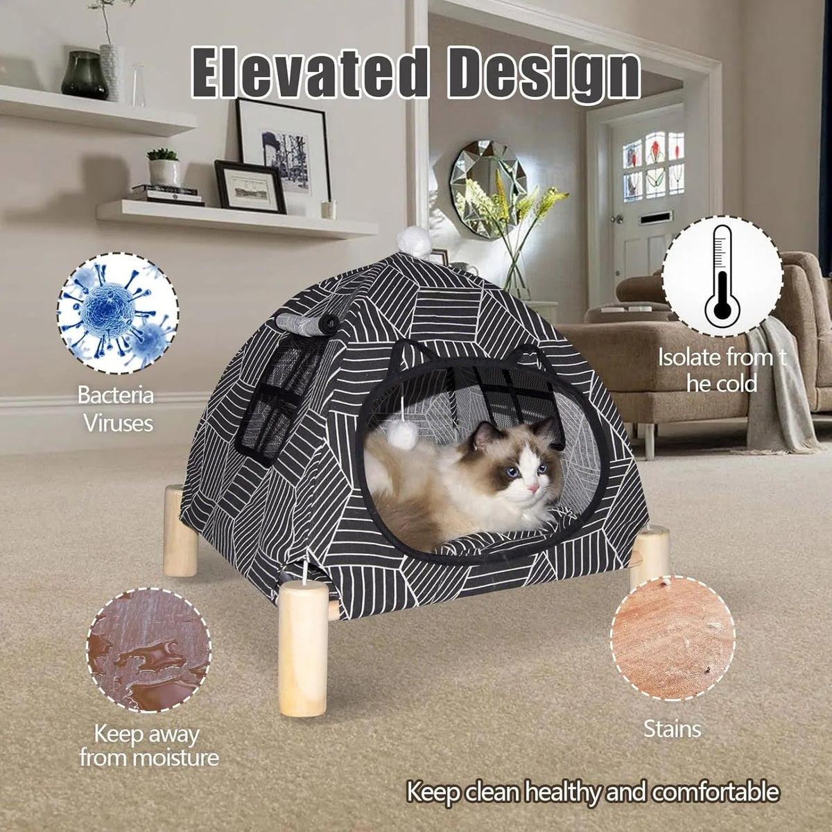 Foldable Indoor Cat Tent Bed with Washable Cushion - Cozy Hideaway for Small Pets