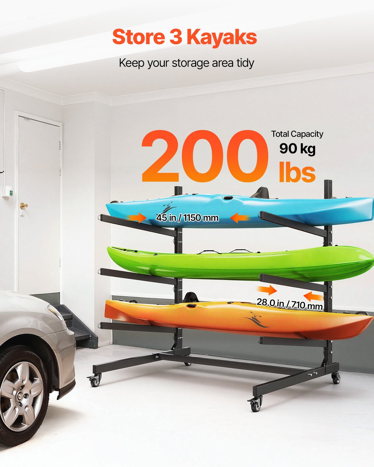 Heavy Duty Kayak Storage Rack for 3 Kayaks, Canoes & SUPs - Indoor/Outdoor Garage Stand with Lockable Wheels