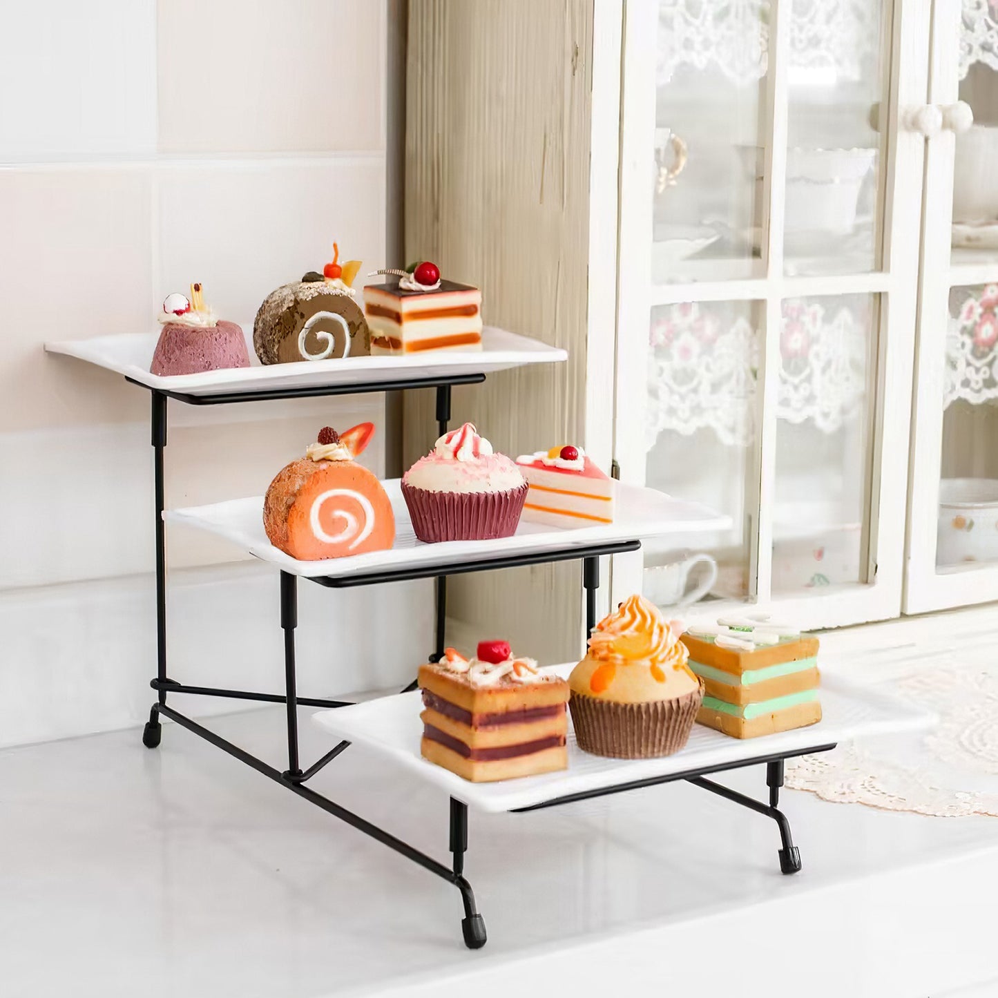 3-Tier Plastic Serving Tray Stand with Rectangular Platters