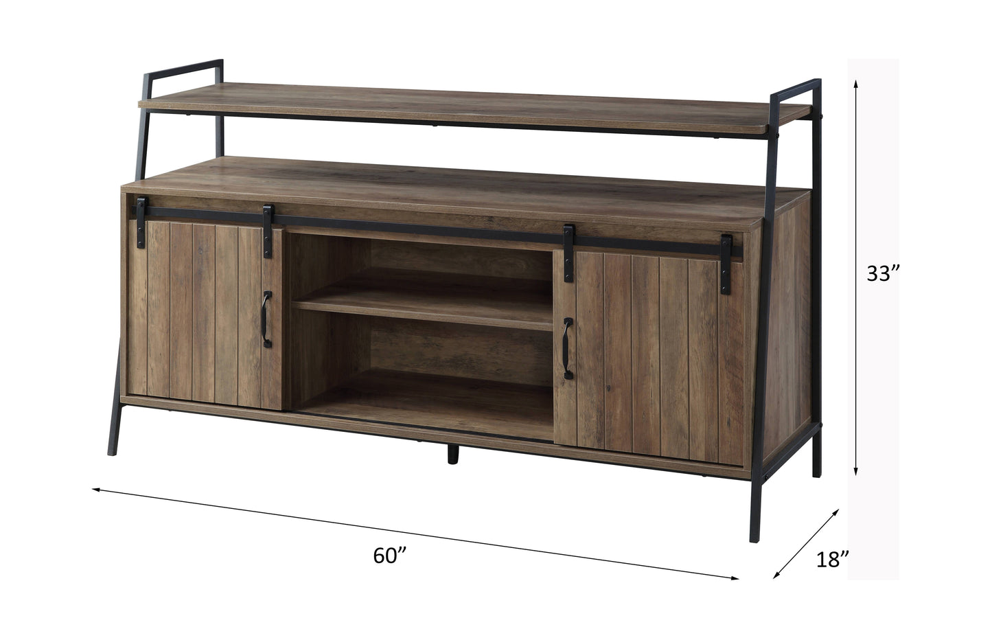 Rustic Oak & Black TV Stand with Sliding Barn Doors