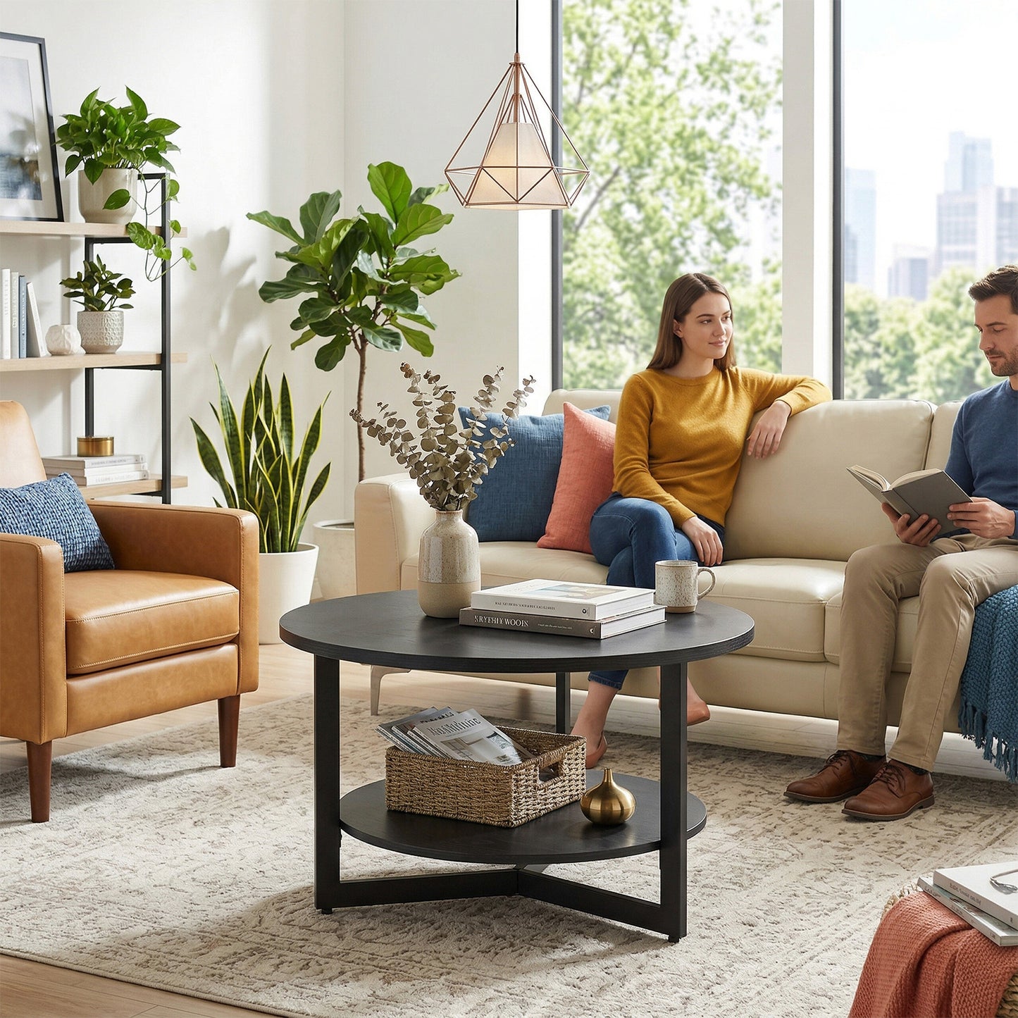 31.5-Inch Round Black Coffee Table - Industrial Modern Design