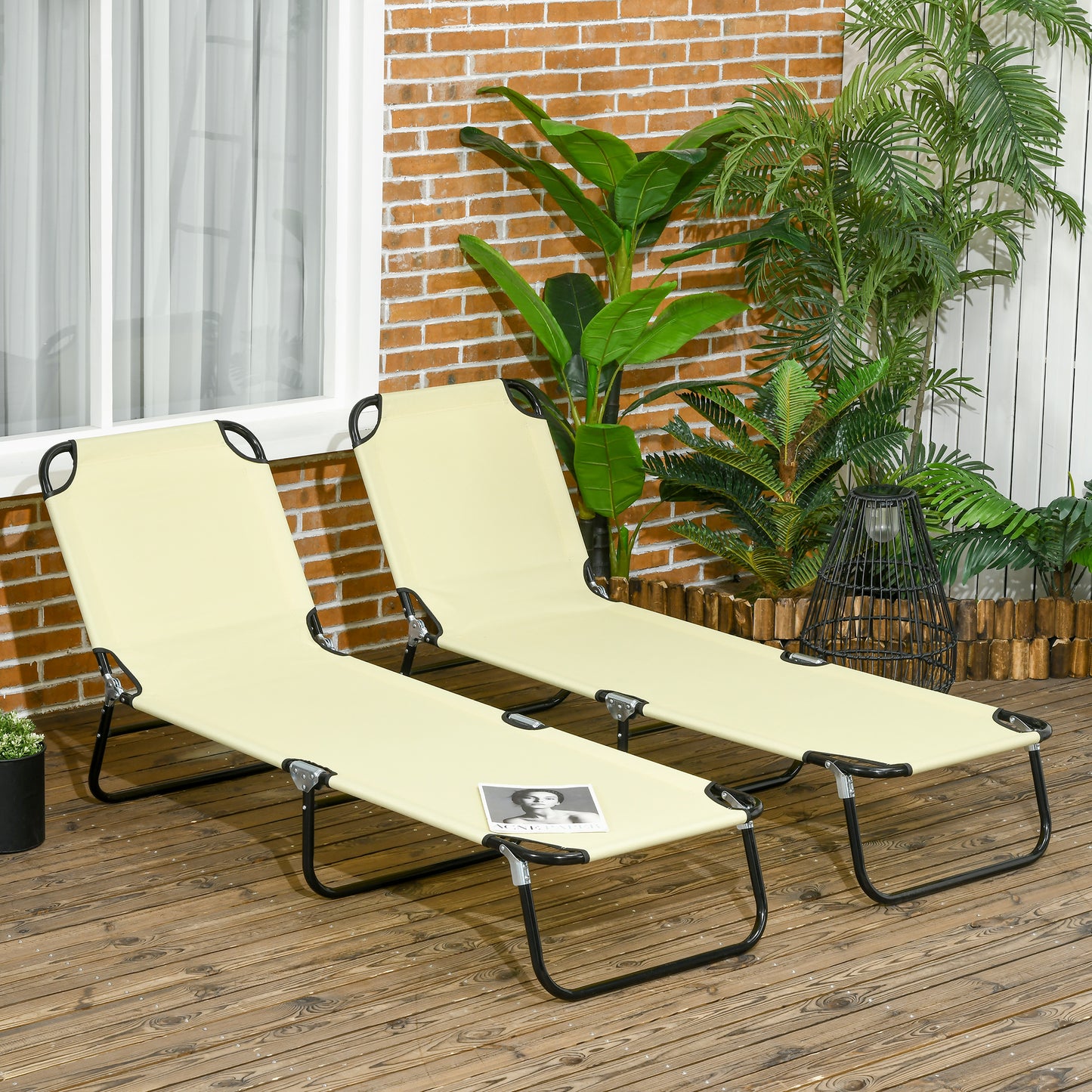 Folding Chaise Lounge Chairs - 2 Piece Outdoor Set, Beige