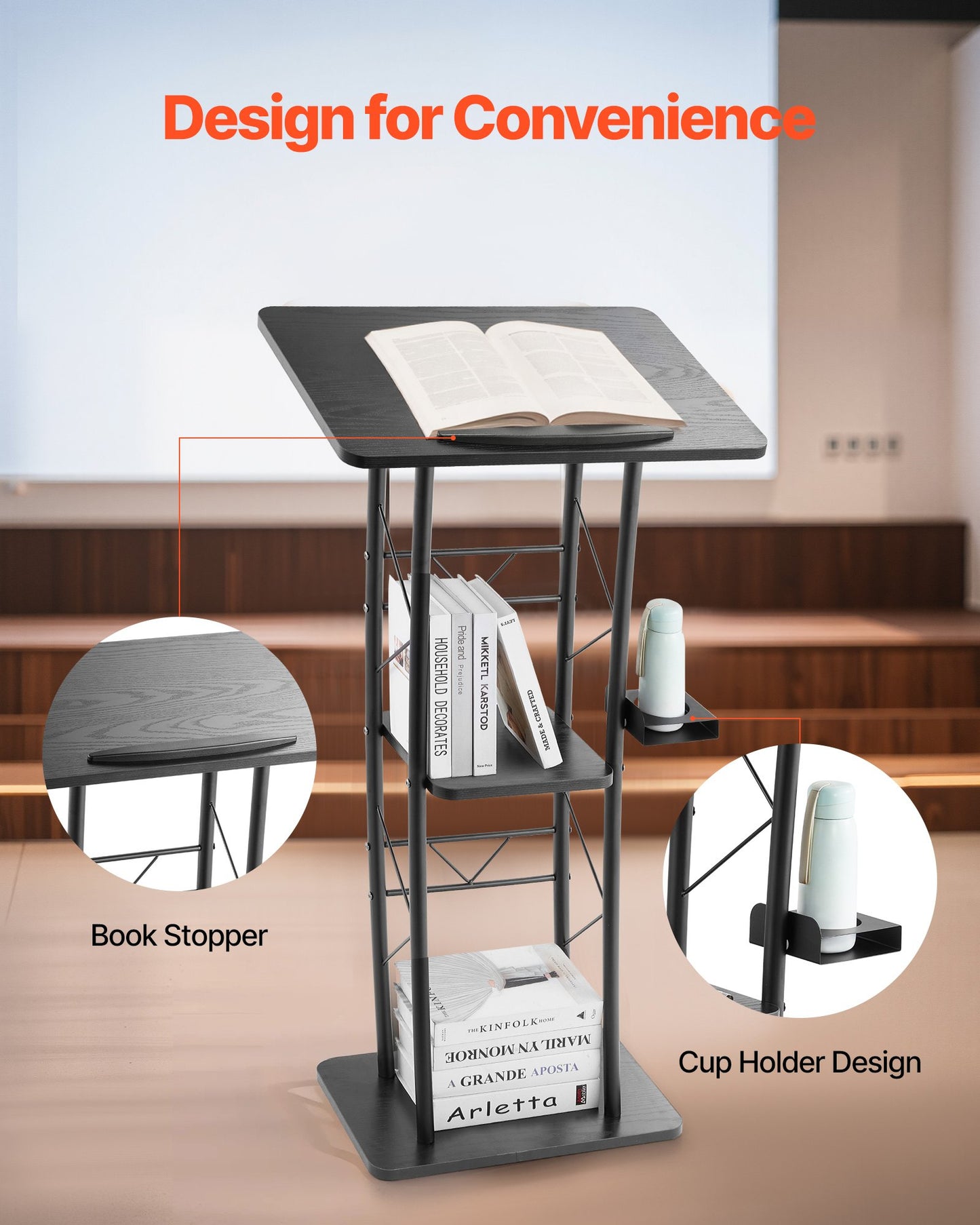 Curved Metal Lectern Podium Stand with Storage Shelf - Black