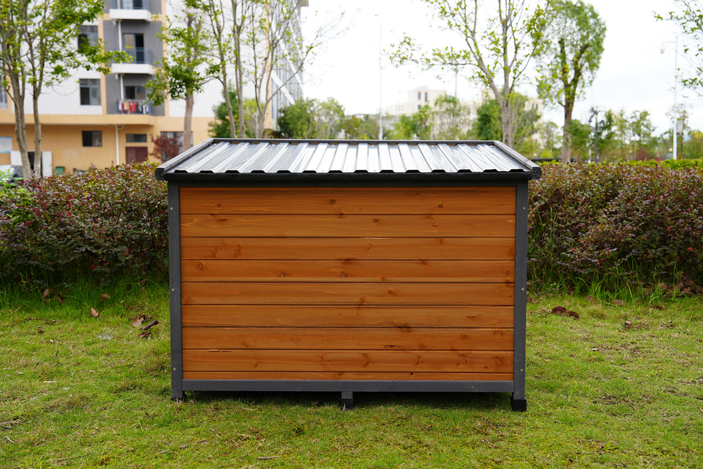 Large Solid Wood Dog House with Waterproof PVC Roof & Breathable Wooden Doors - Gray+Yellow