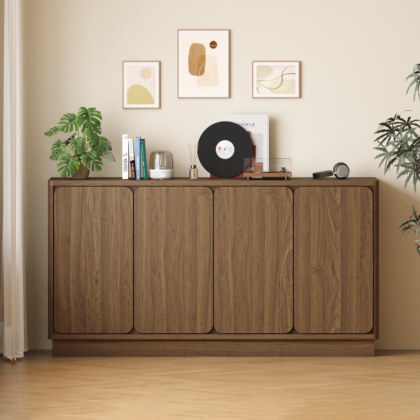 59.1" Walnut 4-Door Sideboard Buffet Cabinet with Adjustable Shelves