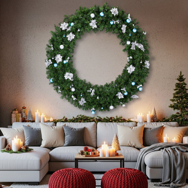 60-Inch Lighted Artificial Christmas Wreath with 220 LED Lights & DIY Ornaments - Green