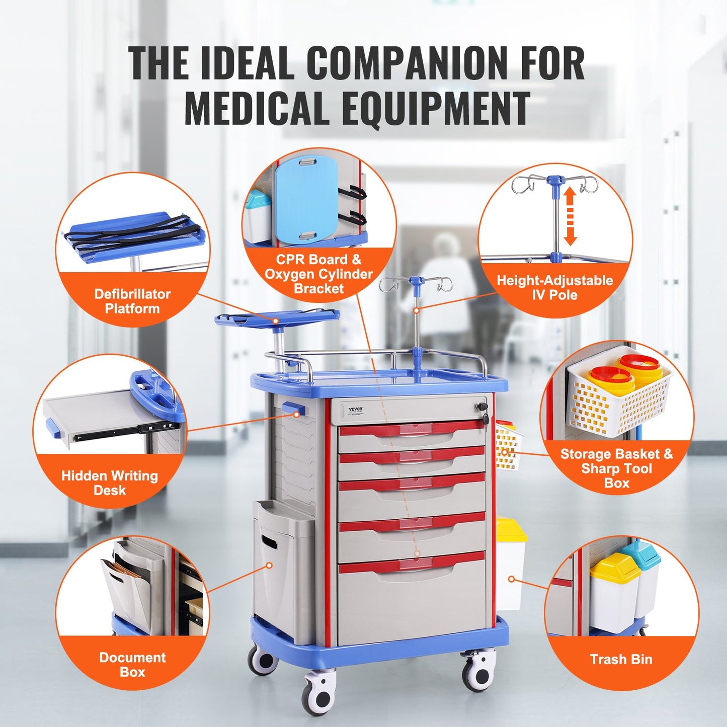 Mobile Medical Cart with 5 Drawers & 2 Trash Cans - Blue