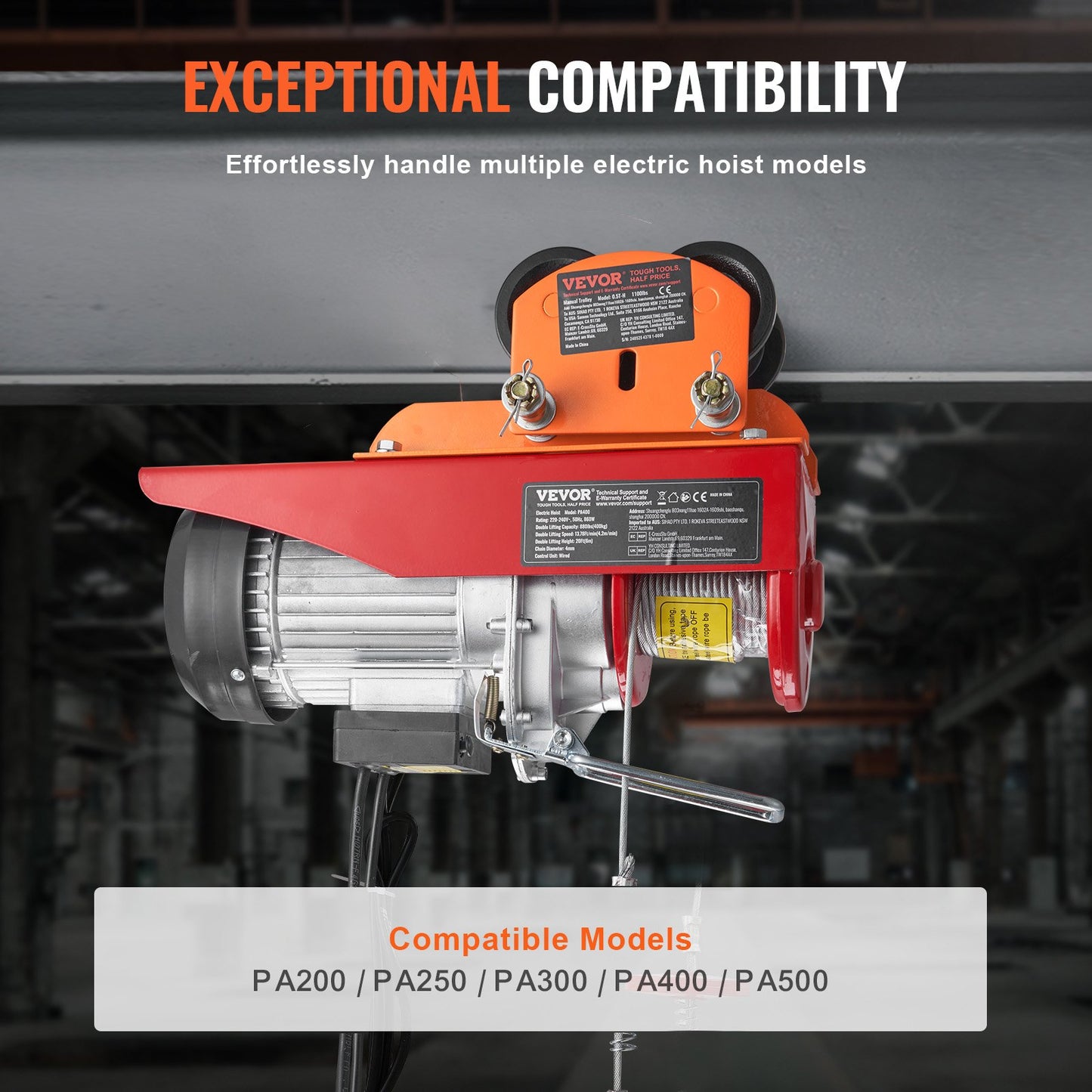 Electric Hoist Manual Trolley with Adjustable Width 1100 Lb Capacity for I-Beam Lifting