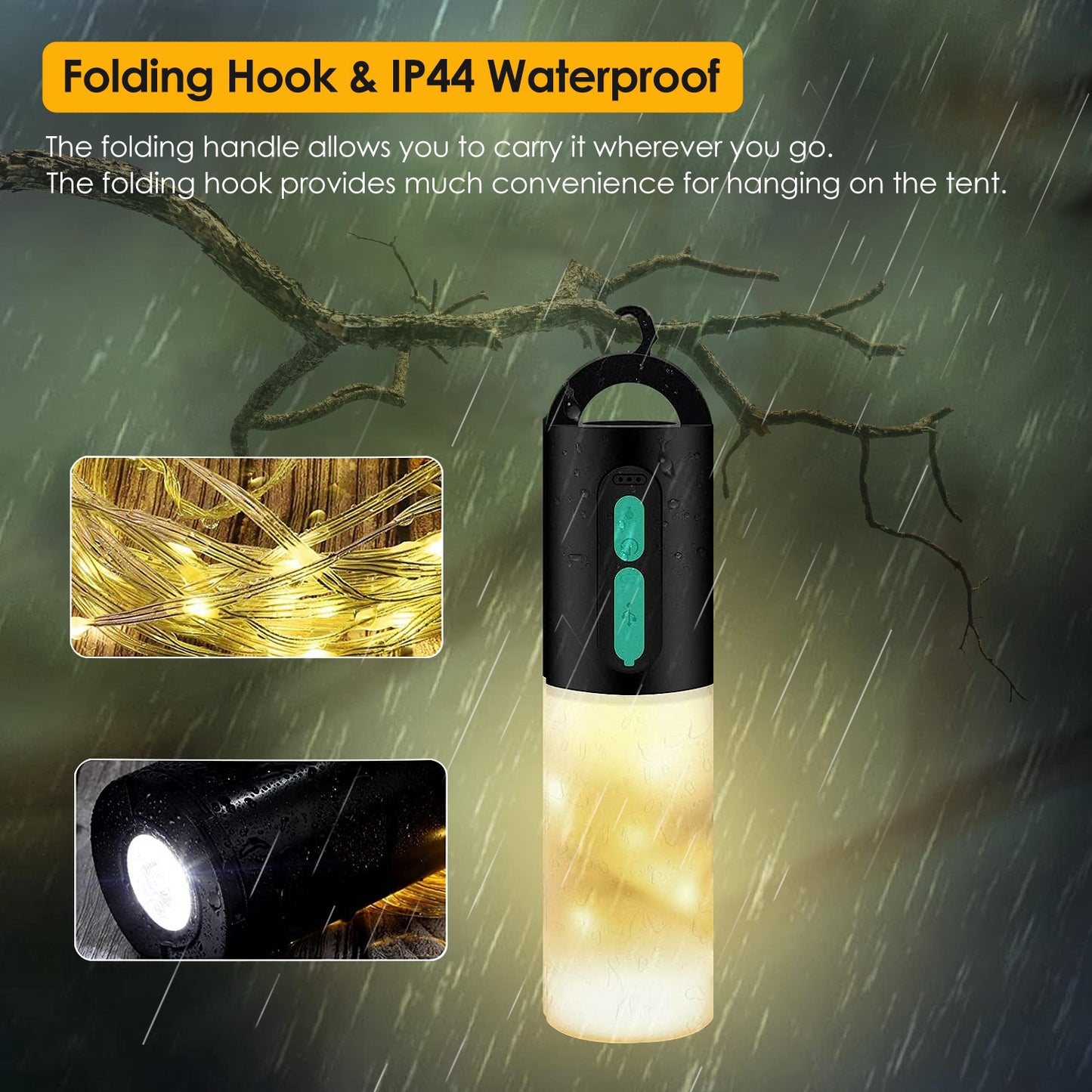 4-in-1 Rechargeable Camping Lantern with 33ft String Light - Black
