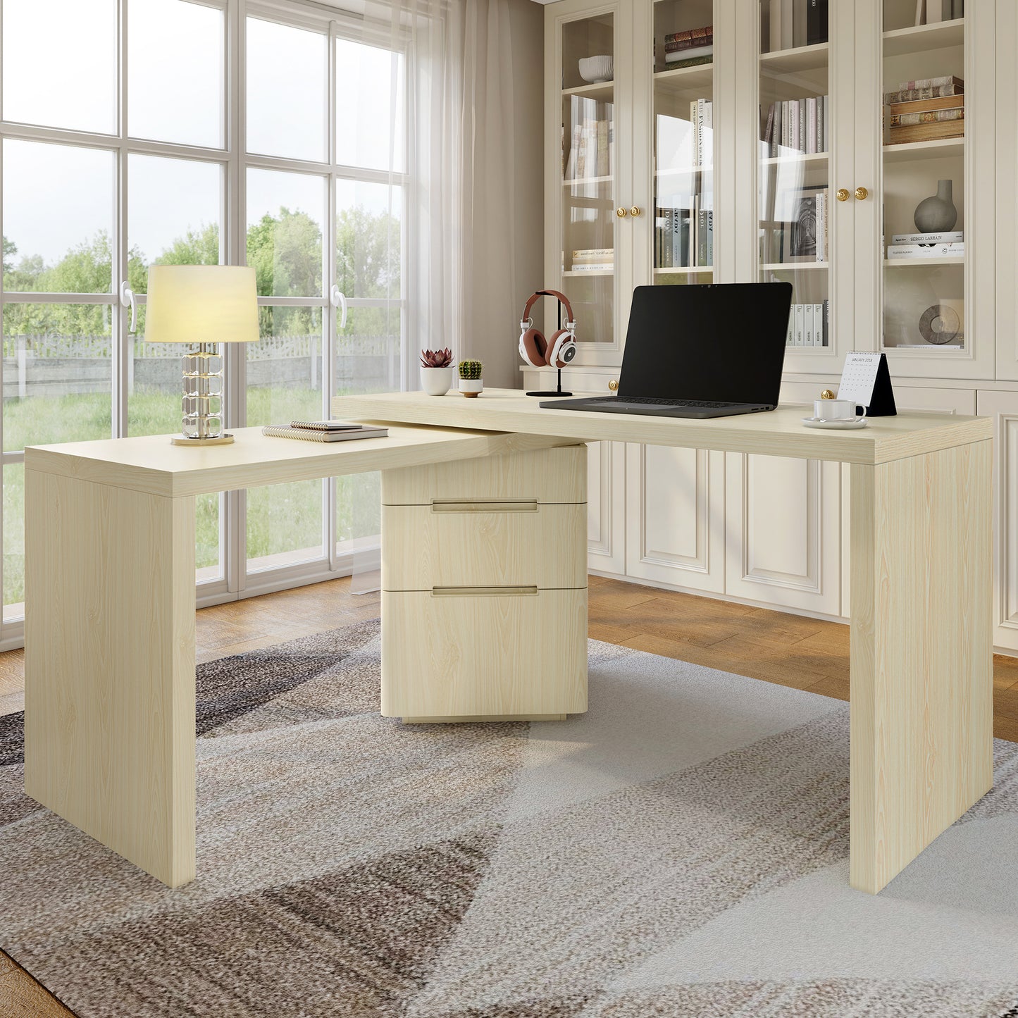 90 Modern L Shaped Desk In Natural Wood With 3 Drawers,360 Rotating