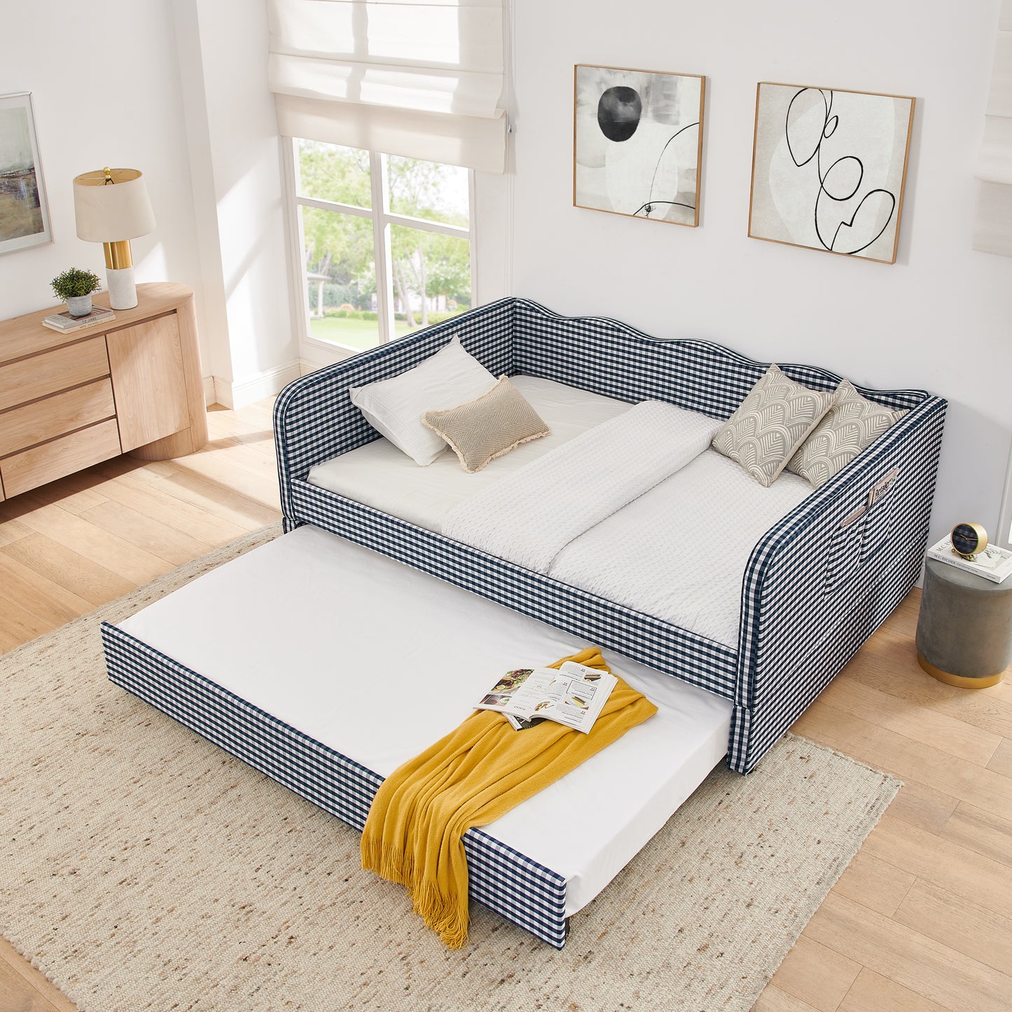 Full-Size Gingham Upholstered Daybed with Trundle & Storage - Dark Blue