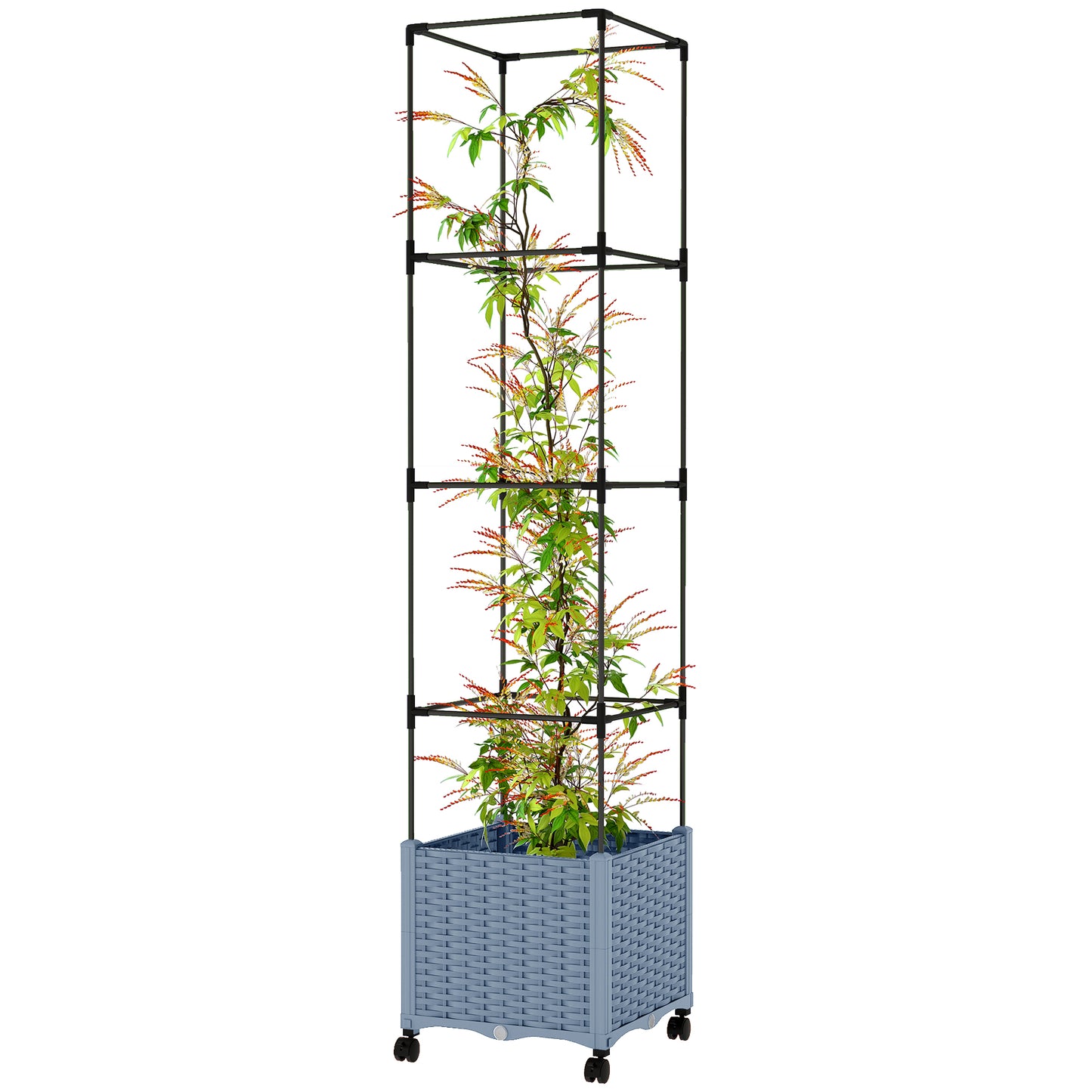 Raised Garden Bed with Trellis and Lockable Wheels - Self Watering Planter, Gray 440x440x160mm