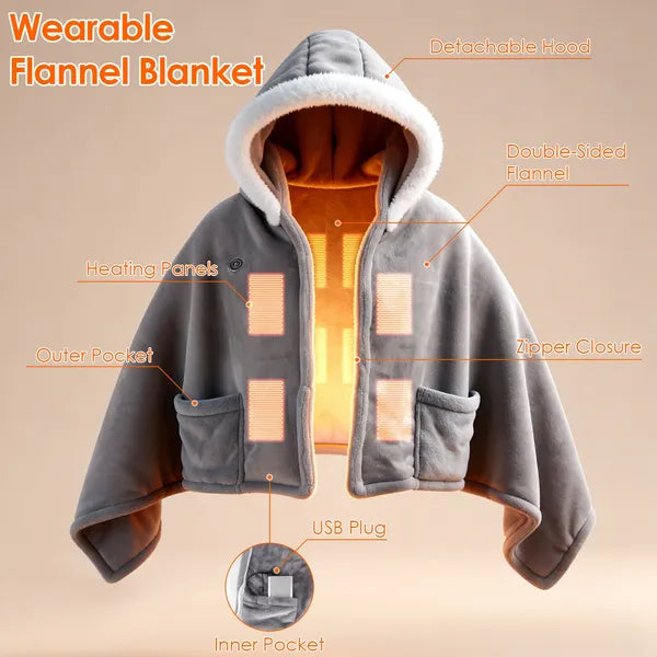 Wearable Heated Throw Blanket - Portable Double-Sided Flannel